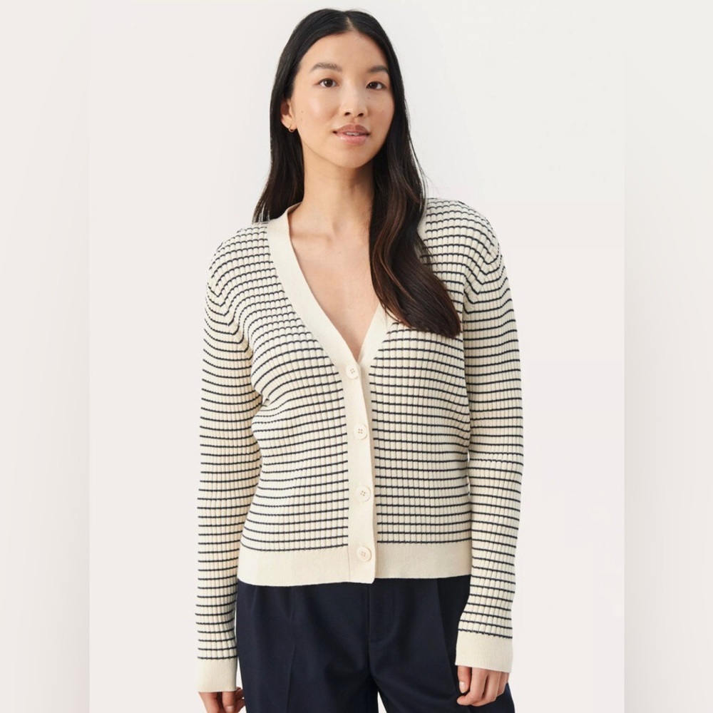 Striped Cream and Black V-Neck Button Cardigan